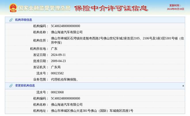 佛山海迪汽车有限公司换发保险中介许可证发证日期2024年9月11日(图1)