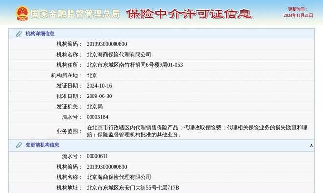 北京海商保险代理有限公司换发保险中介许可证发证日期2024年10月16日(图1)