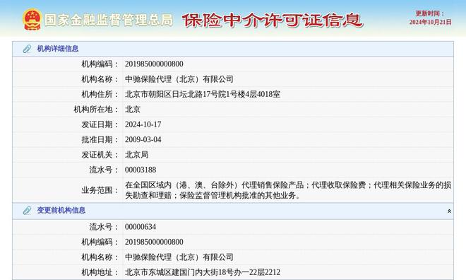 中驰保险代理（北京）有限公司换发保险中介许可证发证日期2024年10月17日(图1)
