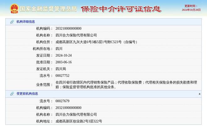 四川合力保险代理有限公司换发保险中介许可证发证日期2024年10月24日(图1)