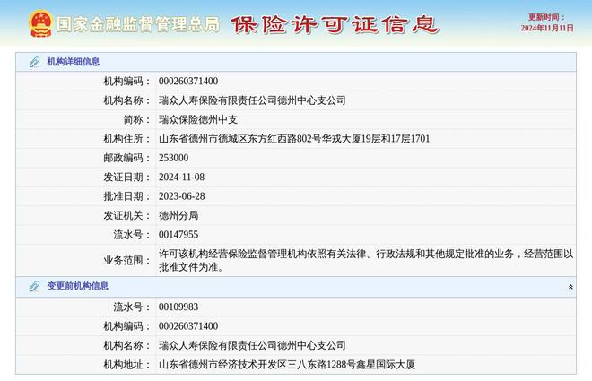 J9九游会：瑞众人寿保险有限责任公司德州中心支公司换发保险许可证发证日期2024年11月8日(图1)