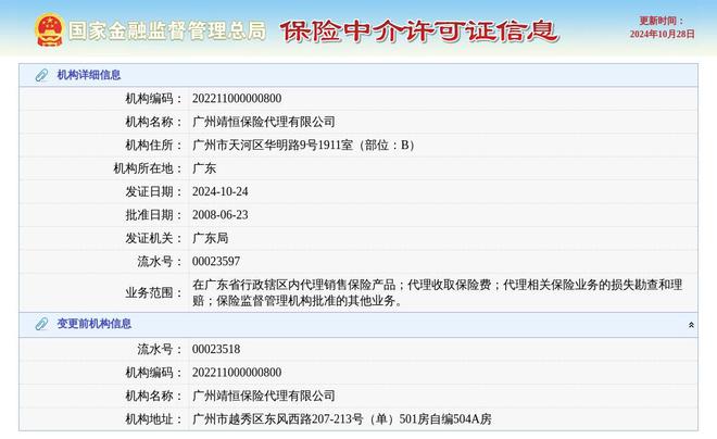 广州靖恒保险代理有限公司换发保险中介许可证发证日期2024年10月24日(图1)