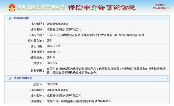 成都宜佳保险代理有限公司换发保险中介许可证发证日期2024年10月24日(图1)