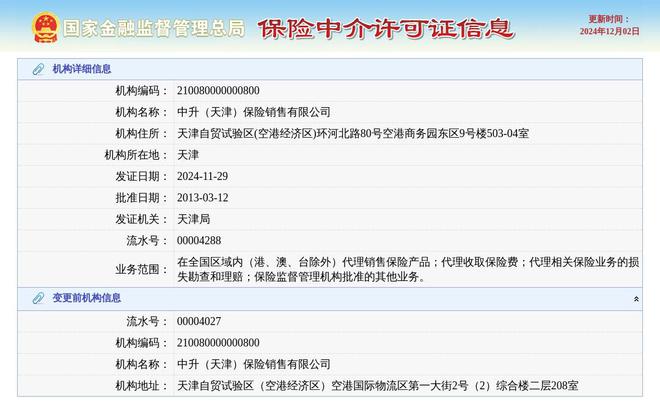 J9九游会：中升（天津）保险销售有限公司换发保险中介许可证发证日期2024年11月29日(图1)