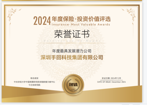 J9九游会网站：手回集团荣获今日保IMVI2024保险年度最具发展潜力公司(图1)