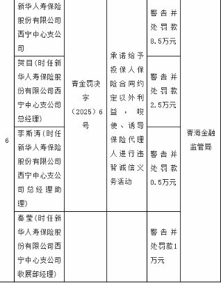唆使、诱导保险代理人违背诚信义务等新华保险西宁公司被罚(图1)